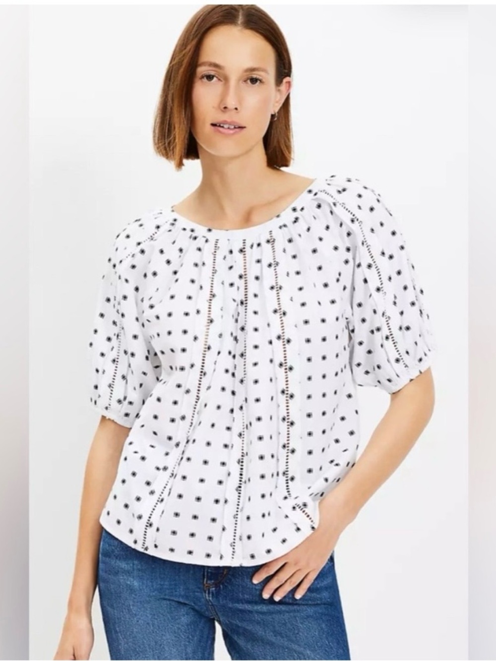 LOFT White Black Geometric Plaid Peasant Blouse Cutout Detail Size S